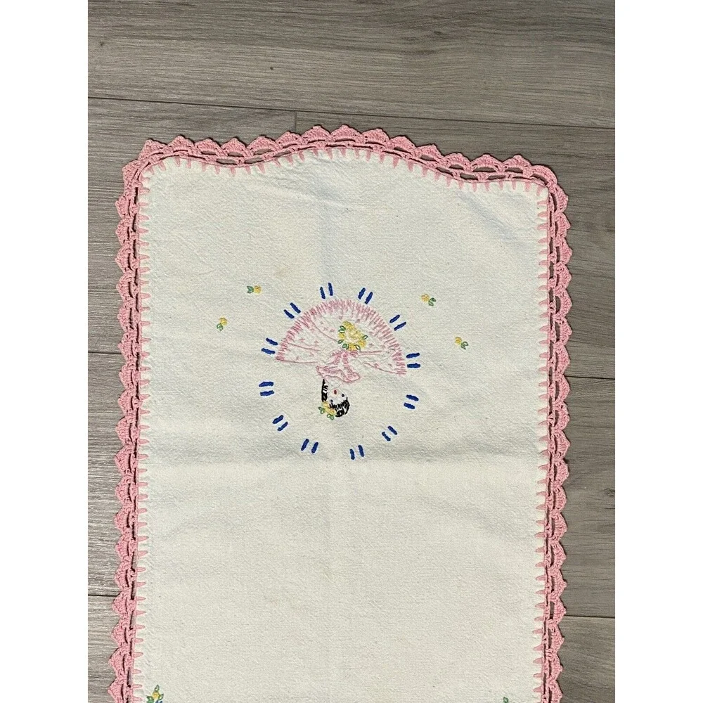 Vtg. Table Runner W/ Girl- Pink Hand Embroidered Cotton 14 X 36”